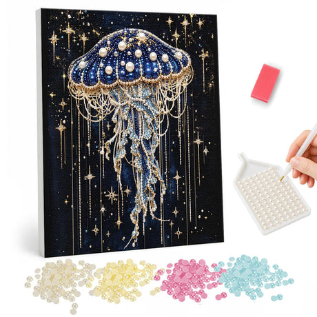 Starlit Jellyfish at Midnight pearl painting – Navy blue jellyfish with long trailing tendrils drifting among gold stars on a black background