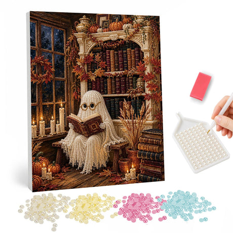 Ghost Reading by Candlelight pearl painting – Sheet ghost with glasses reading a book in an armchair beside tall bookshelves, candles and autumn leaves