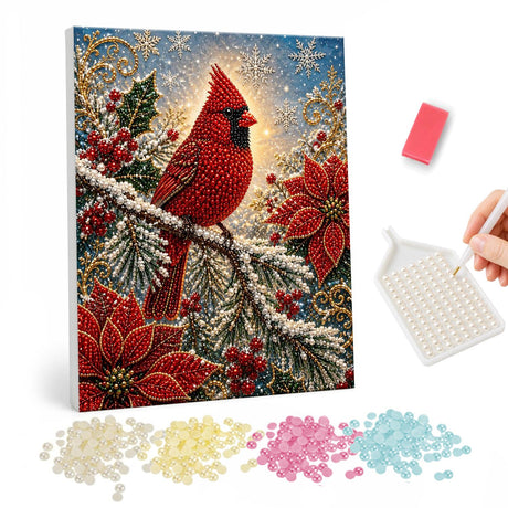 Cardinal on a Snowy Pine Bough pearl painting – Red cardinal perched on a snowy pine branch among red poinsettias and holly berries