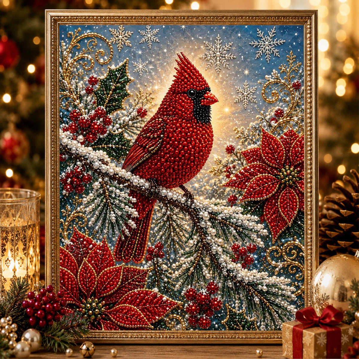 Cardinal on a Snowy Pine Bough pearl painting – image 2