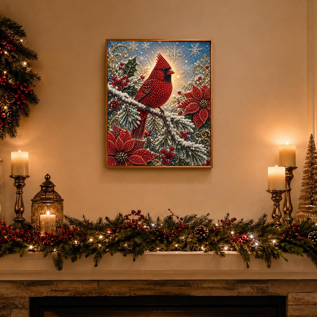 Cardinal on a Snowy Pine Bough pearl painting – image 3