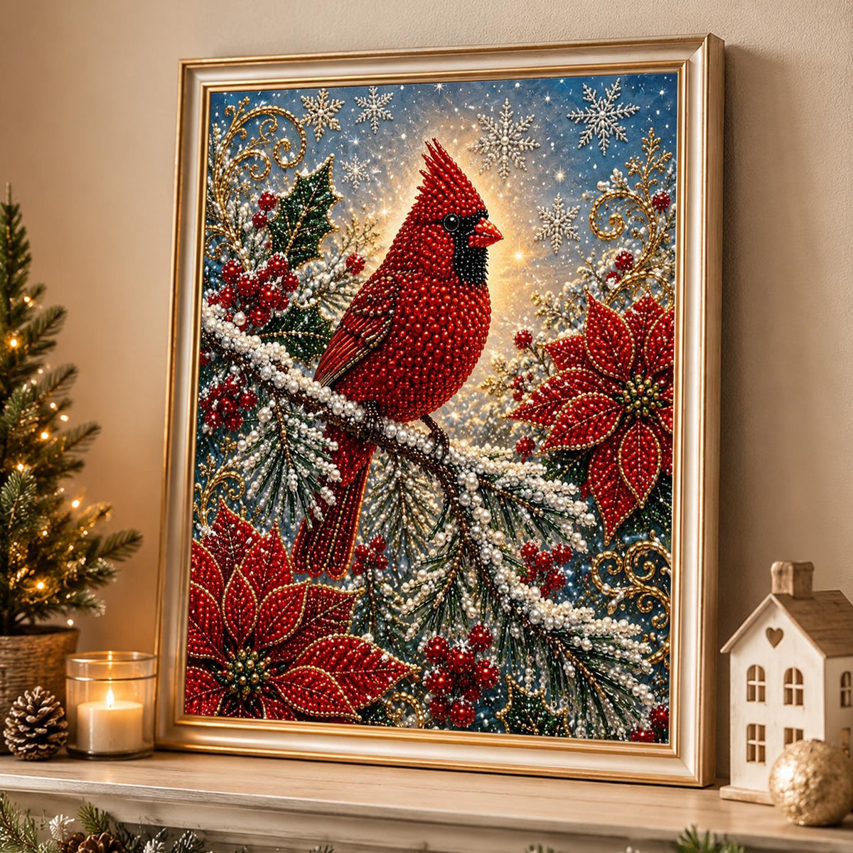 Cardinal on a Snowy Pine Bough pearl painting – image 4