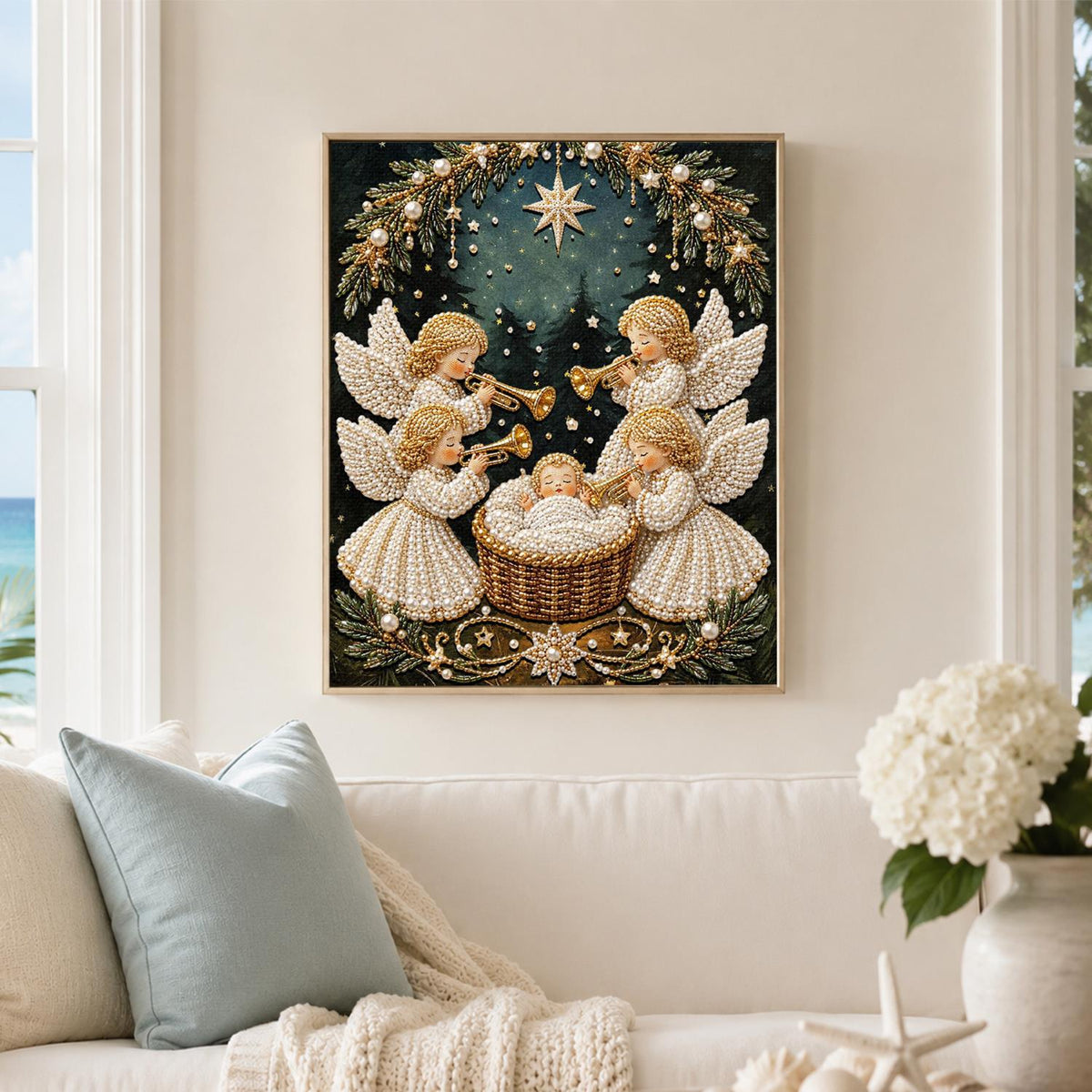 Trumpet Angels Around the Manger pearl painting – image 3