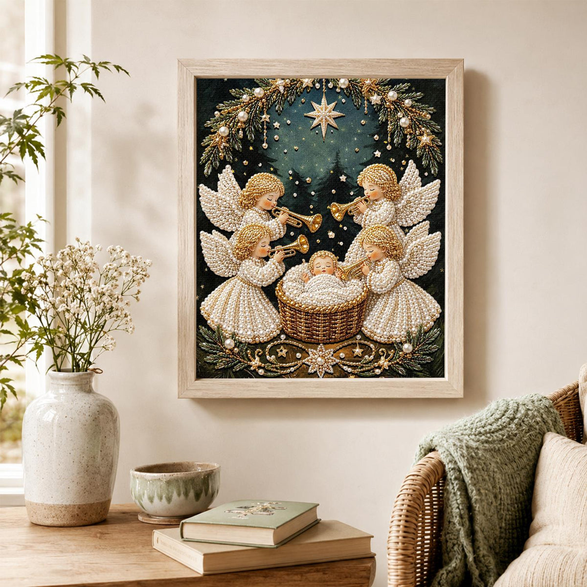 Trumpet Angels Around the Manger pearl painting – image 4