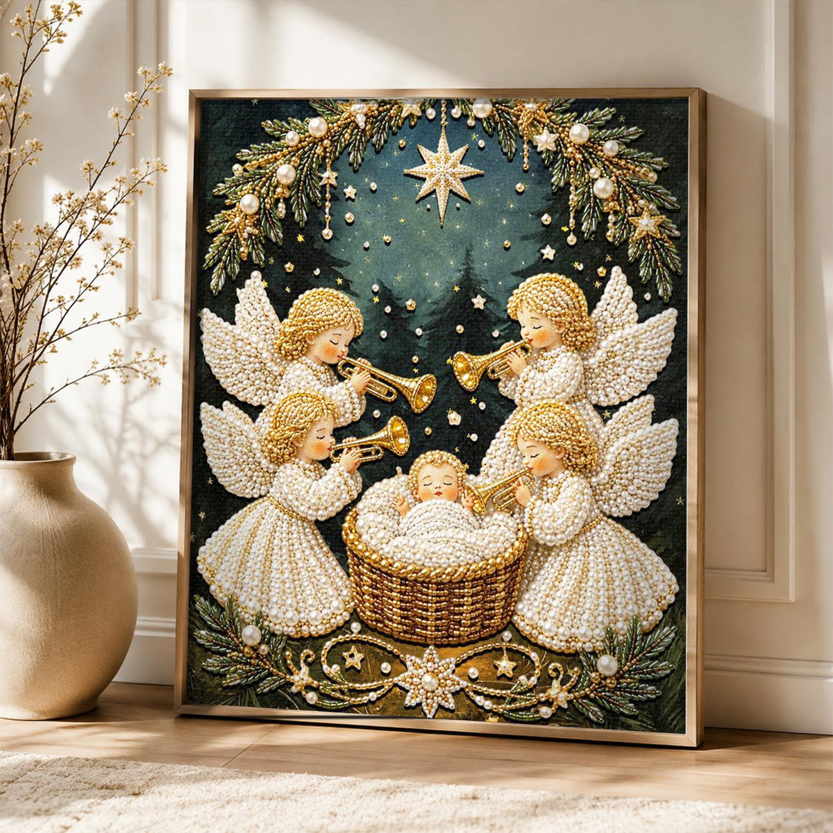 Trumpet Angels Around the Manger pearl painting – image 5