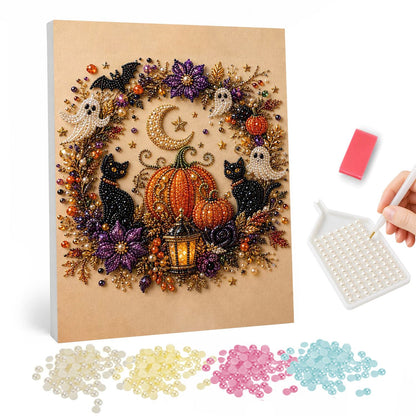 Crescent Moon Halloween Wreath pearl painting – Round autumn wreath of black cats, small ghosts, bats and purple flowers around a pumpkin and crescent moon