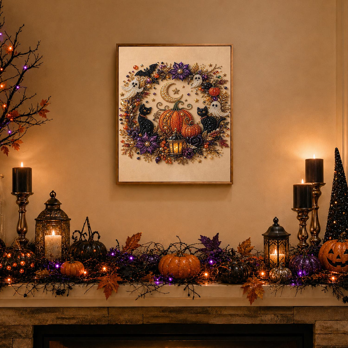 Crescent Moon Halloween Wreath pearl painting – image 3
