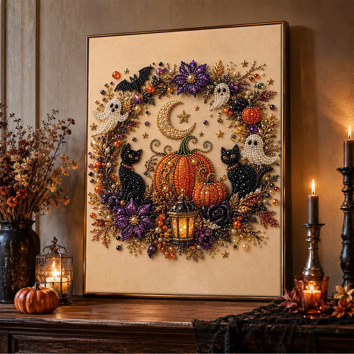 Crescent Moon Halloween Wreath pearl painting – image 5