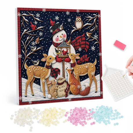 Snowman's Bird Feeder Gathering pearl painting – Snowman holding a birdhouse feeder surrounded by deer, a fox, a rabbit, an owl and cardinals, in a red border