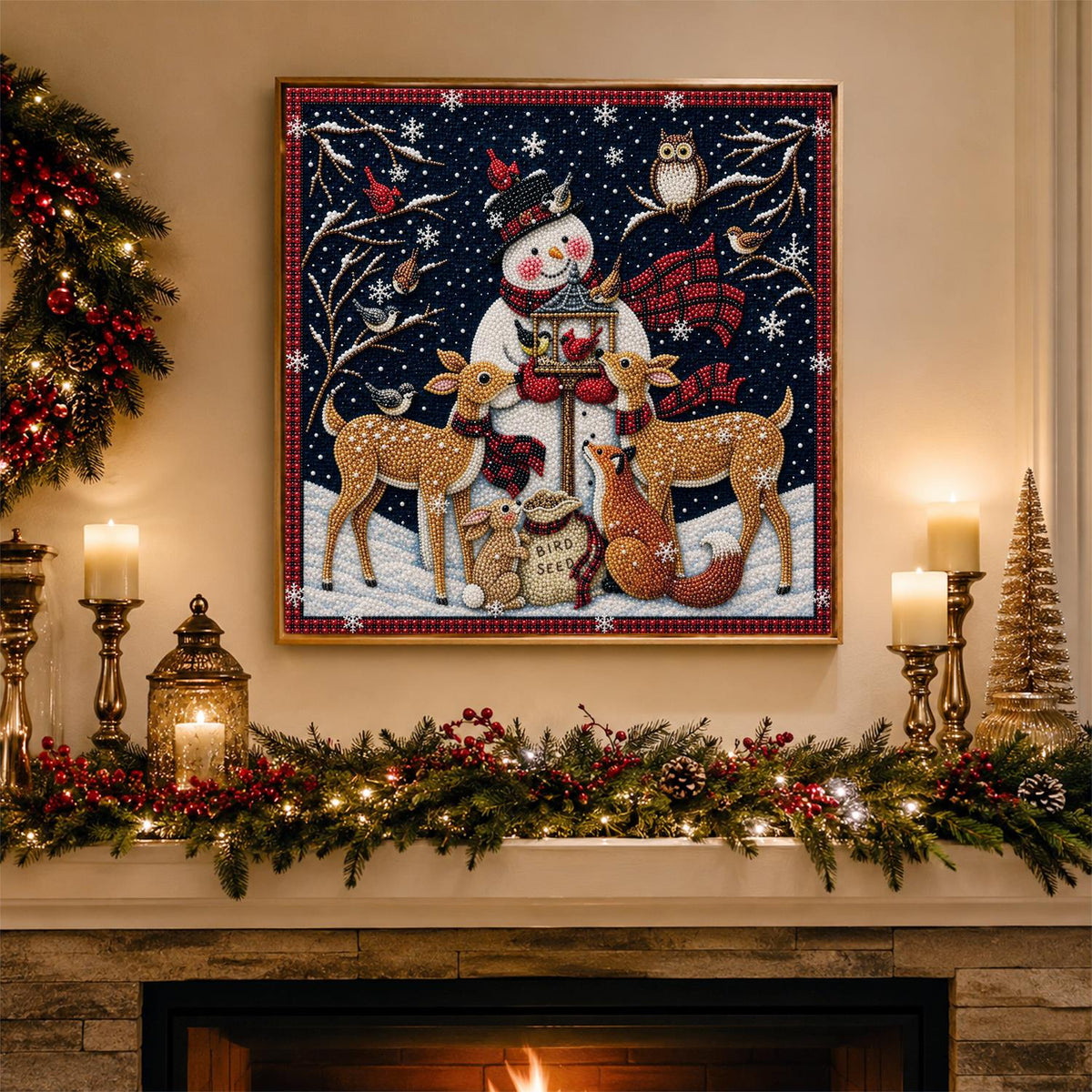 Snowman's Bird Feeder Gathering pearl painting – image 3