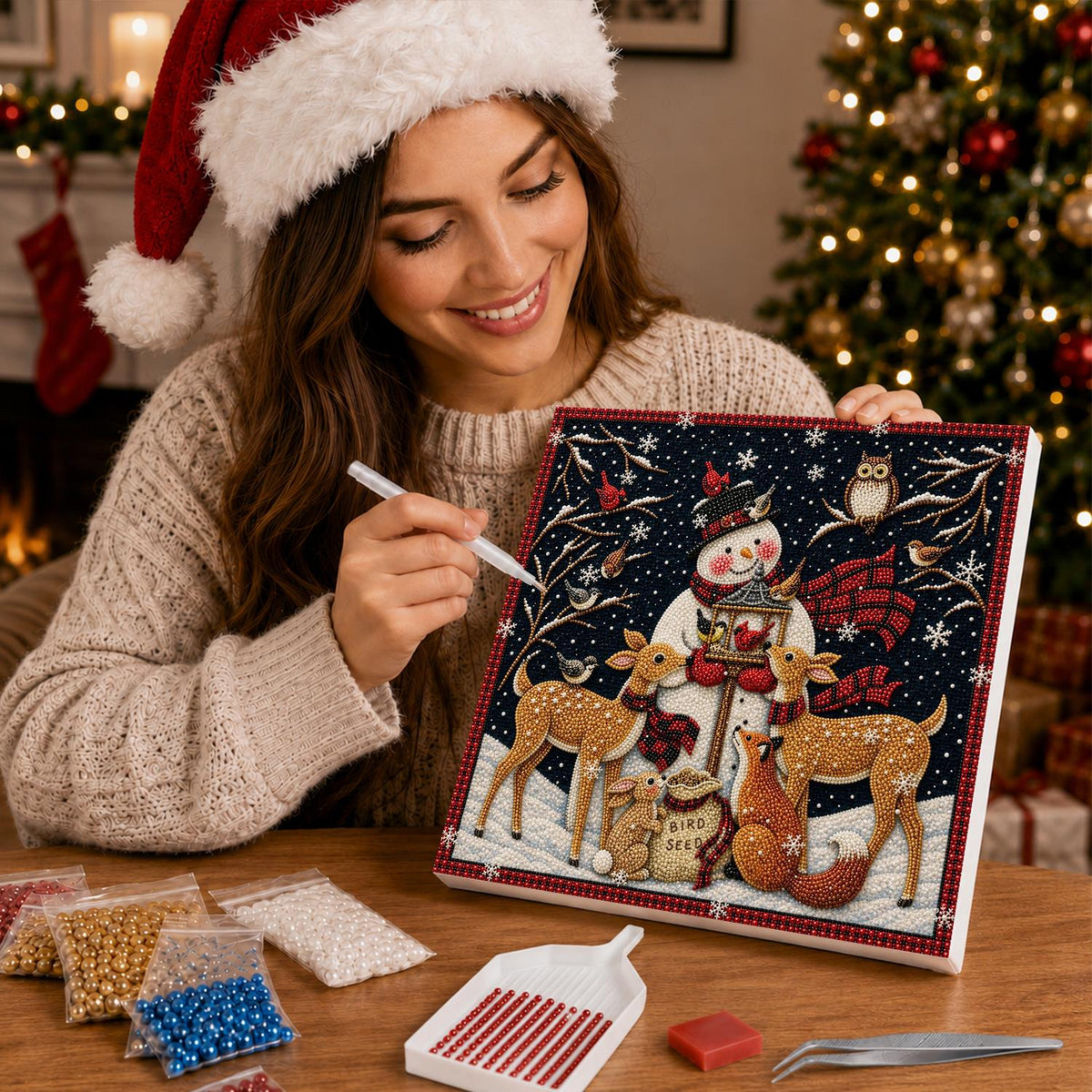 Snowman's Bird Feeder Gathering pearl painting – image 16