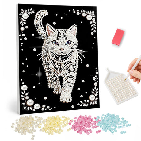 Prowling White Cat on Black pearl painting – White tabby cat walking toward the viewer on a black background with beaded corner flourishes