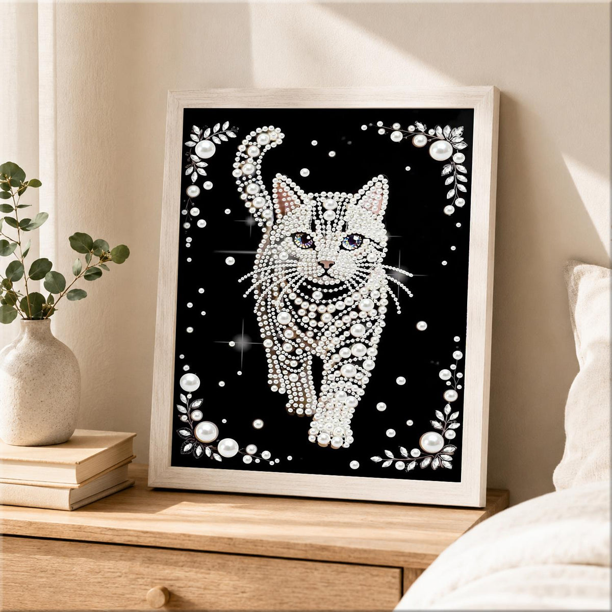 Prowling White Cat on Black pearl painting – image 2