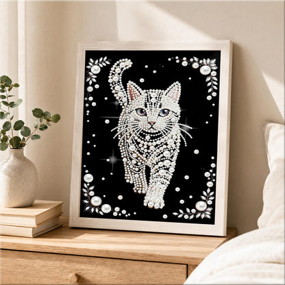 Prowling White Cat on Black pearl painting – image 2