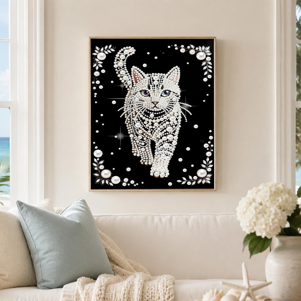 Prowling White Cat on Black pearl painting – image 3