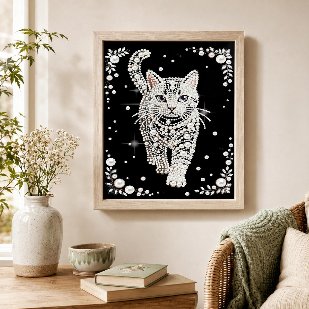 Prowling White Cat on Black pearl painting – image 4