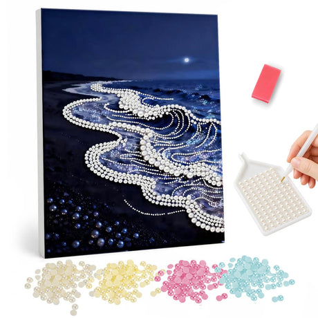 Moonlit Surf on Black Sand pearl painting – White foamy waves rolling onto a dark beach at night under a small moon