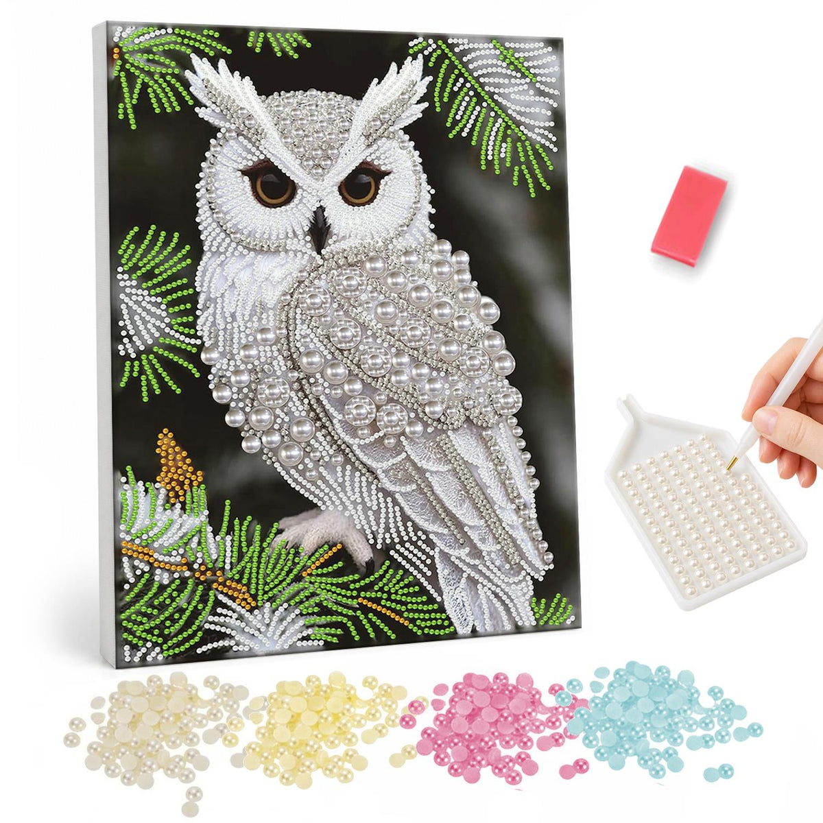 Snowy Owl on Pine Branch pearl painting – White snowy owl with amber eyes perched on a pine branch