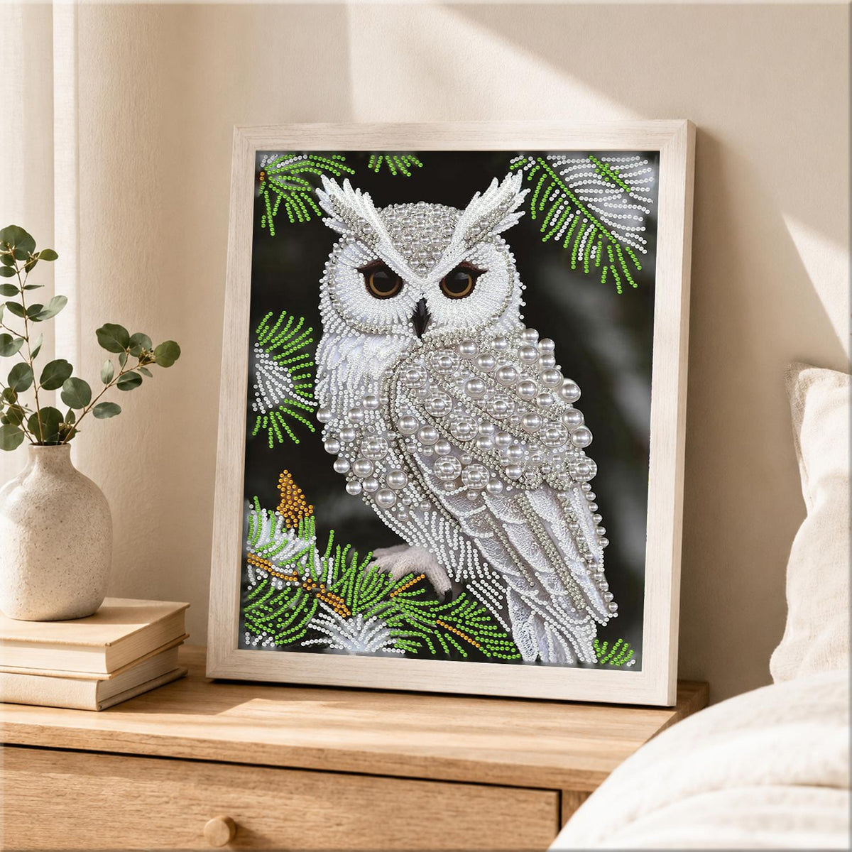 Snowy Owl on Pine Branch pearl painting – image 2
