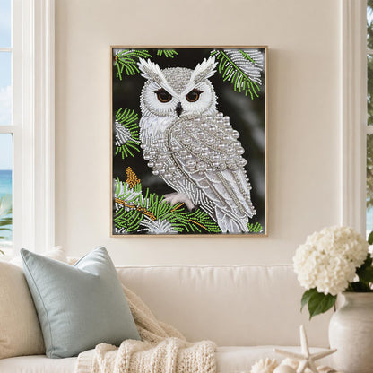 Snowy Owl on Pine Branch pearl painting – image 3