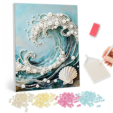 Curling Teal Wave and Scallop pearl painting – Curling teal ocean wave with a white foam crest and a scallop seashell in the surf