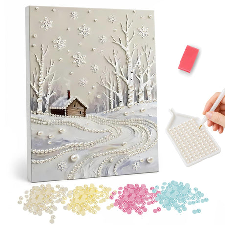 Snowbound Cabin and Birches pearl painting – Small wooden cabin among bare white birch trees with a winding snowy path and falling snowflakes