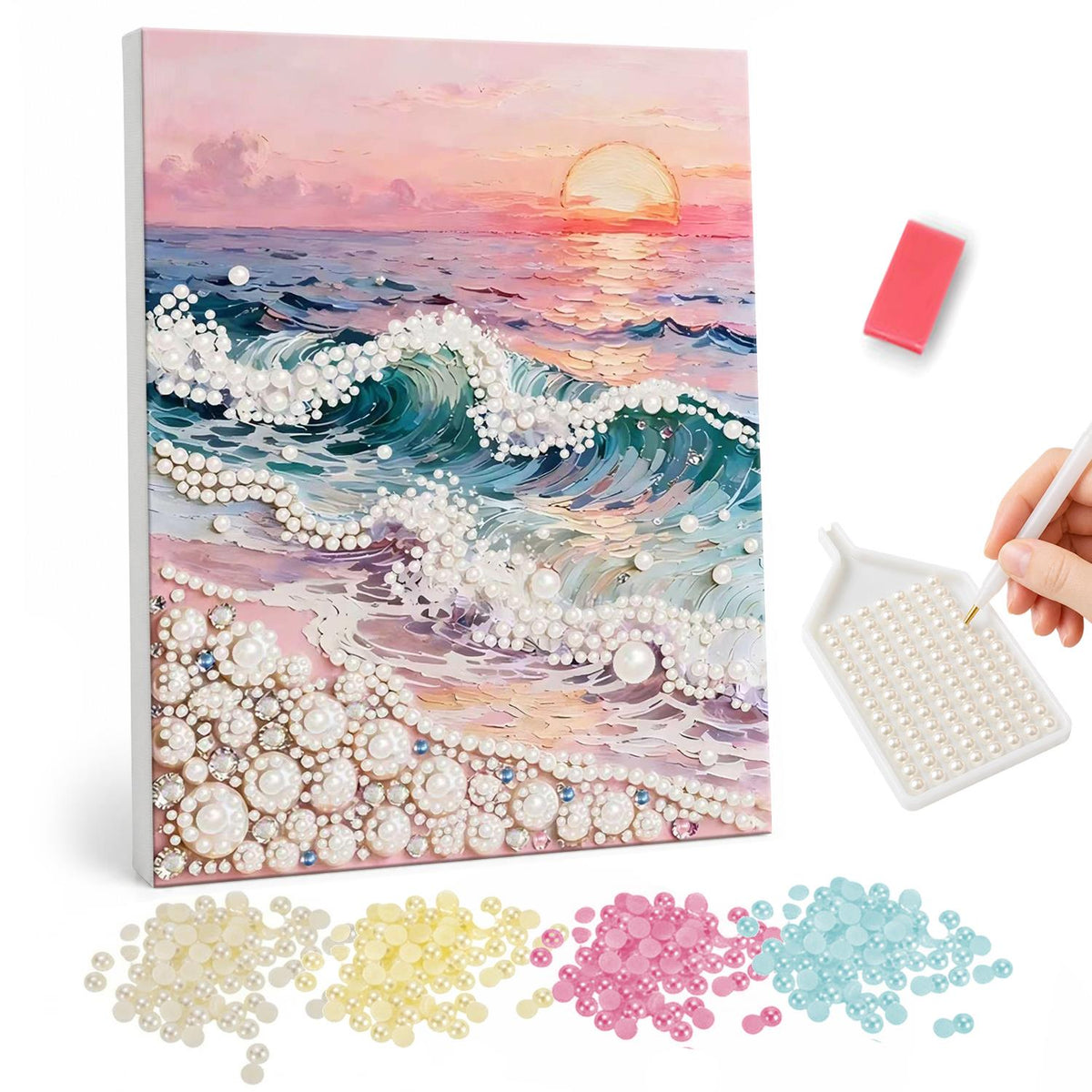 Rose-Pink Sunset Over the Waves pearl painting – Pink and orange sunset over the sea with foamy teal waves rolling onto a pale shore