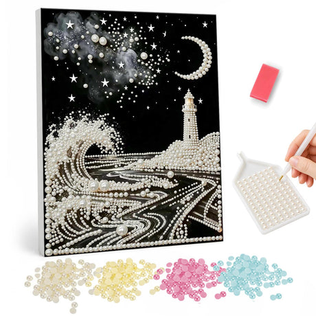 Lighthouse Beneath a Crescent Moon pearl painting – White lighthouse on a rocky shore with a crashing wave under a crescent moon and stars on black