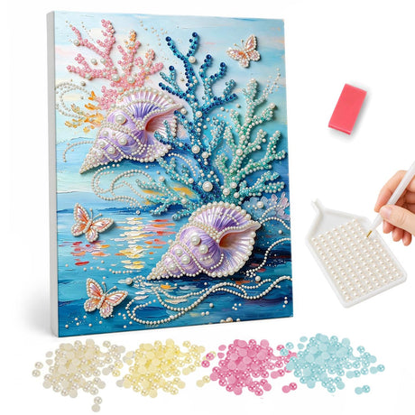 Lilac Conchs and Coral Garden pearl painting – Lilac conch shells among pink and teal coral with small pink butterflies over a calm blue sea