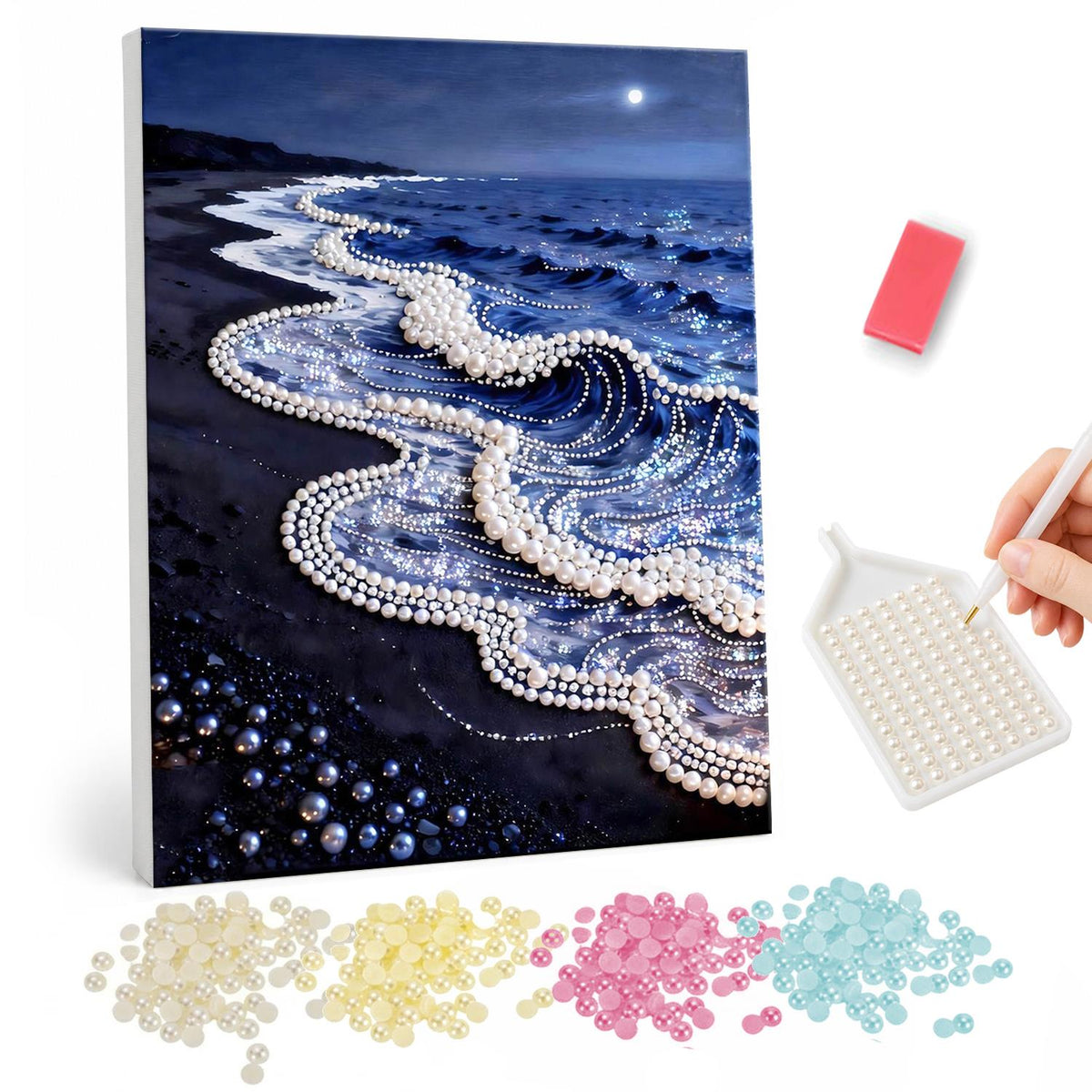 Lace-Edged Waves at Midnight pearl painting – White foamy waves rolling onto a dark beach at night under a small bright moon