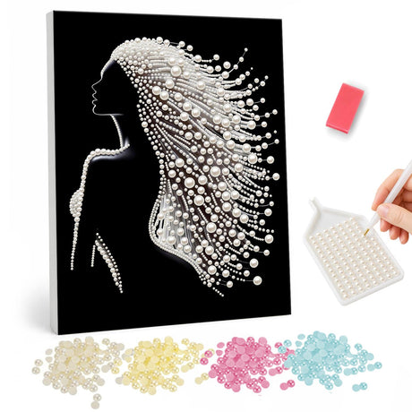 Windswept Hair Silhouette pearl painting – Silhouette of a woman in profile with long hair streaming behind in white beads on a black background