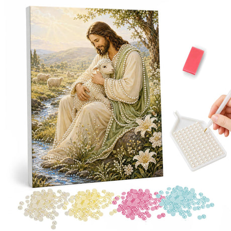 Jesus Holding a Lamb by a Stream pearl painting – image 1