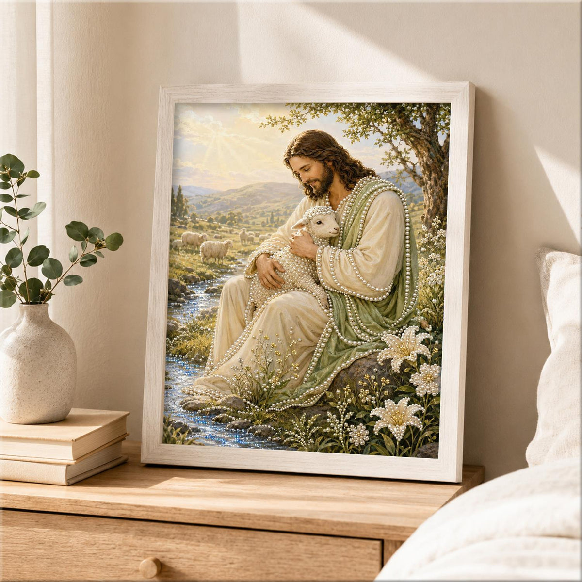 Sunlit Meadow Shepherd with Lamb pearl painting – image 2