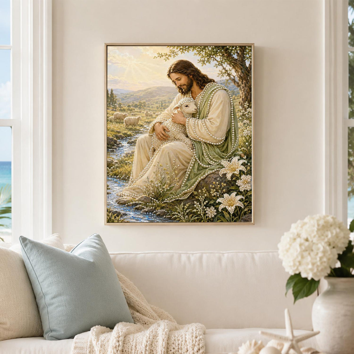 Sunlit Meadow Shepherd with Lamb pearl painting – image 3