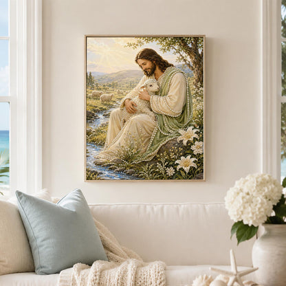 Sunlit Meadow Shepherd with Lamb pearl painting – image 3