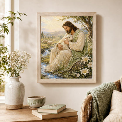 Sunlit Meadow Shepherd with Lamb pearl painting – image 4