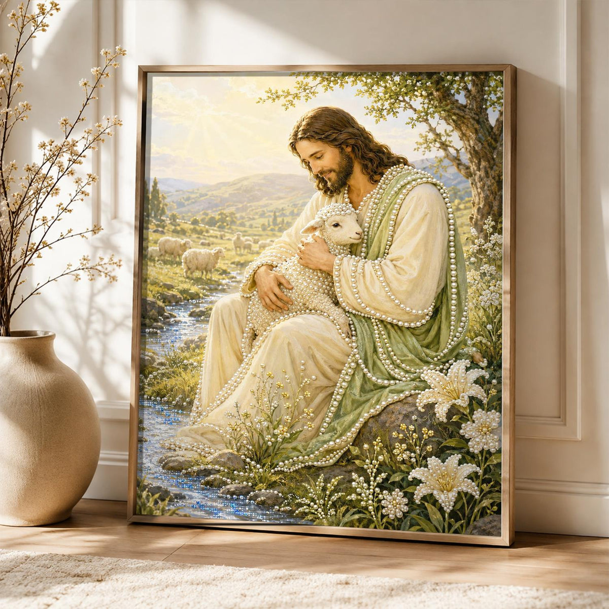 Sunlit Meadow Shepherd with Lamb pearl painting – image 5
