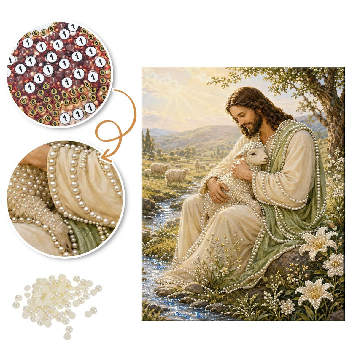 Sunlit Meadow Shepherd with Lamb pearl painting – image 6