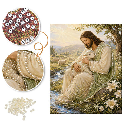 Sunlit Meadow Shepherd with Lamb pearl painting – image 6