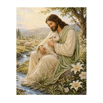 Sunlit Meadow Shepherd with Lamb pearl painting – image 11