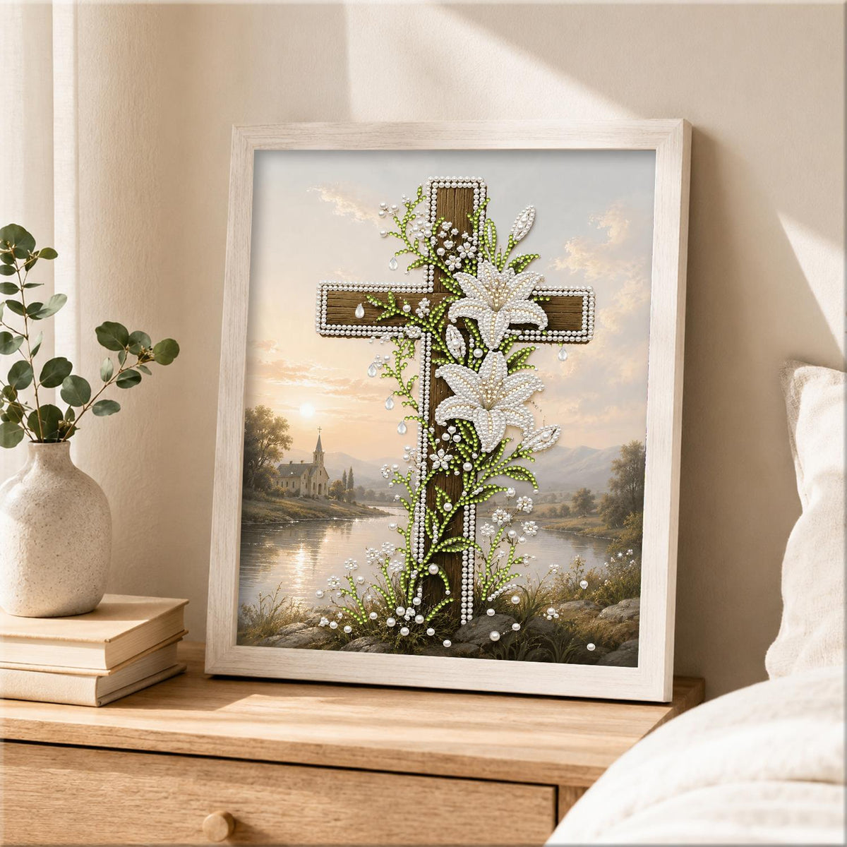 Lily-Draped Cross by the Lake pearl painting – image 2