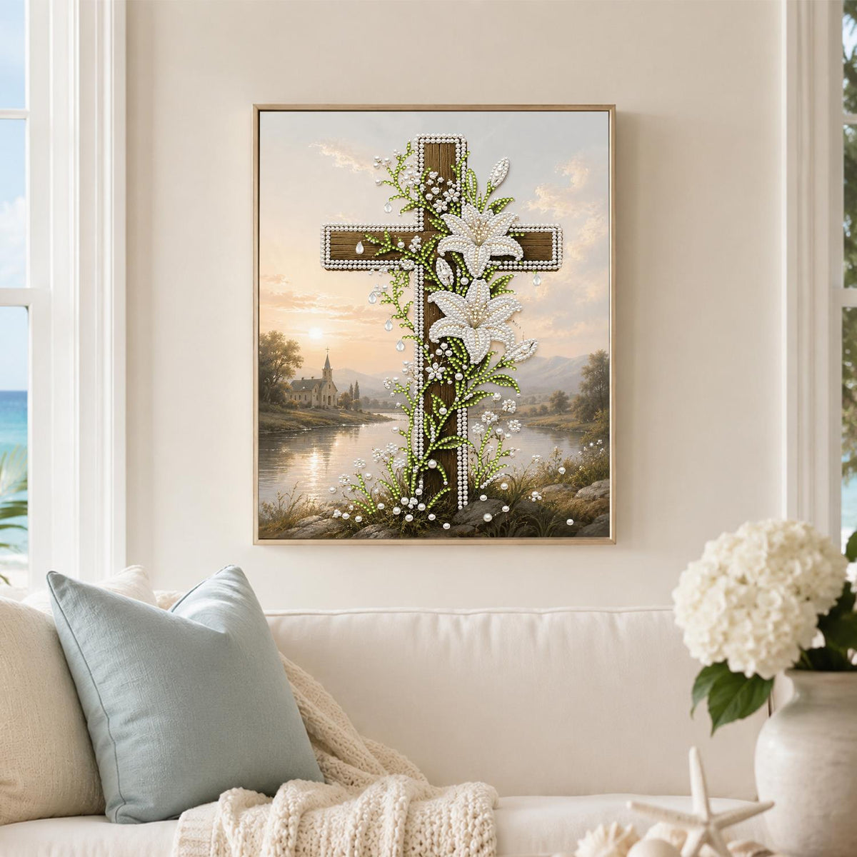 Lily-Draped Cross by the Lake pearl painting – image 3