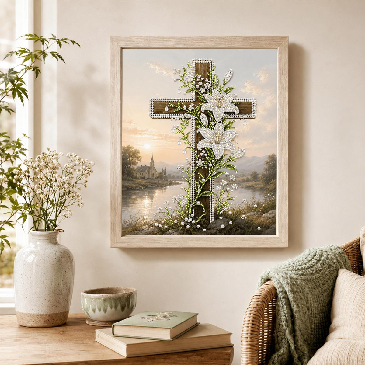 Lily-Draped Cross by the Lake pearl painting – image 4