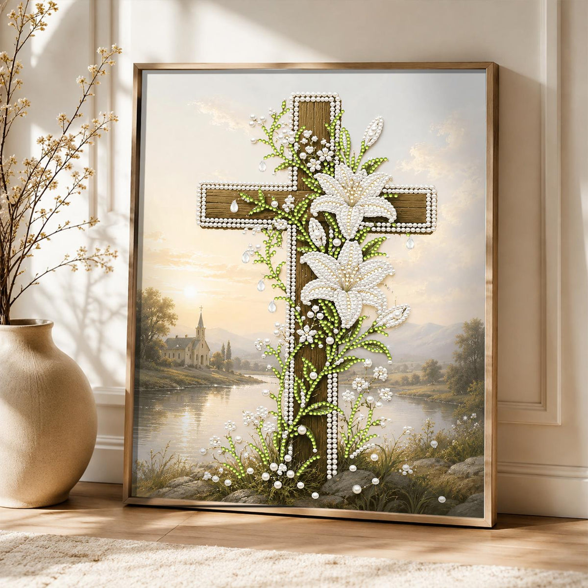 Lily-Draped Cross by the Lake pearl painting – image 5