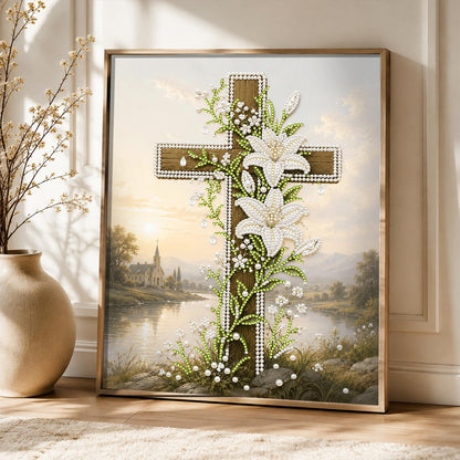 Lily-Draped Cross by the Lake pearl painting – image 5