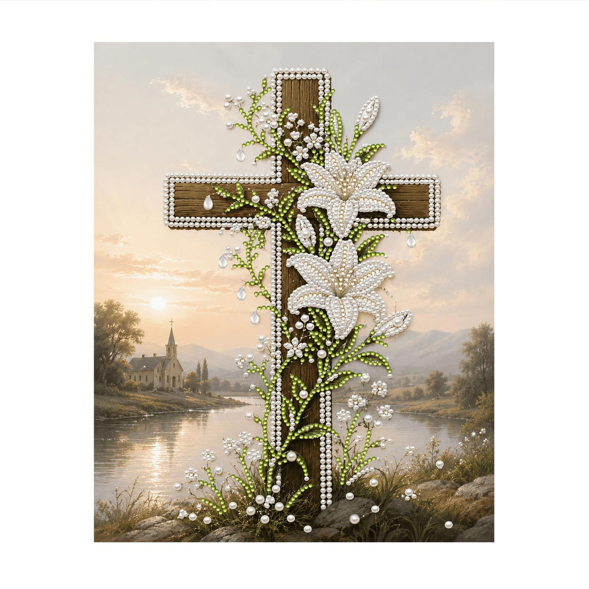 Lily-Draped Cross by the Lake pearl painting – image 11