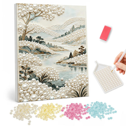Misty Lakeside Hills in Ivory pearl painting – Pale ivory and sage landscape of a calm lake, rolling misty hills and a leaning tree