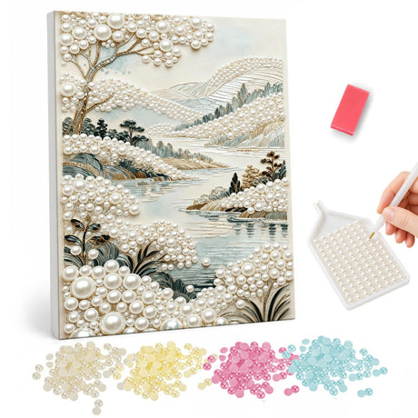 Misty Lakeside Hills in Ivory pearl painting – Pale ivory and sage landscape of a calm lake, rolling misty hills and a leaning tree