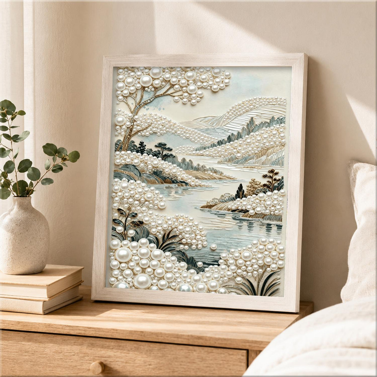 Misty Lakeside Hills in Ivory pearl painting – image 2