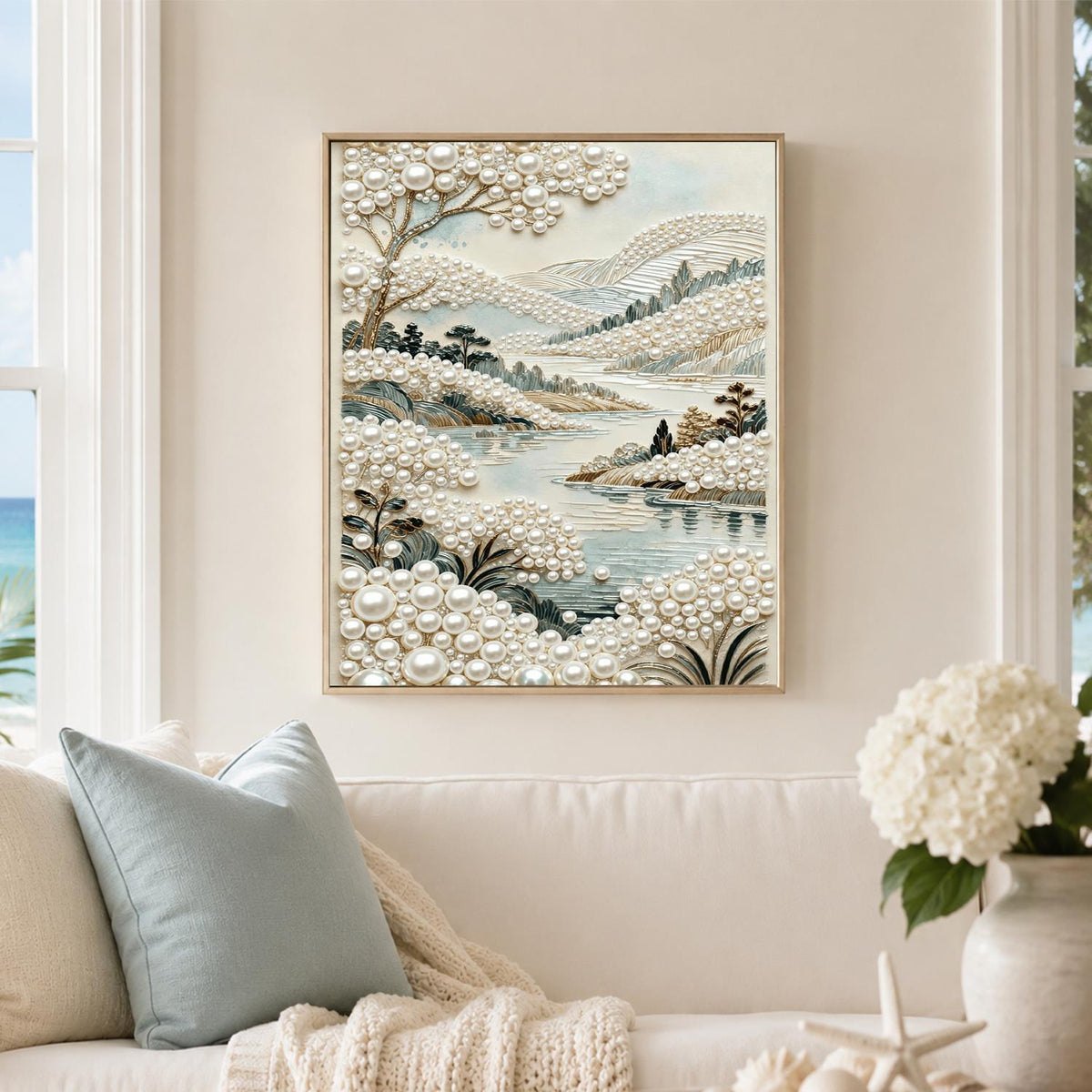 Misty Lakeside Hills in Ivory pearl painting – image 3